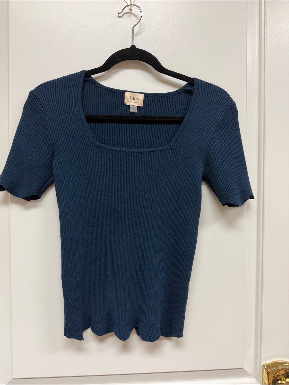 Elie Tahari Dark Blue Ribbed Square-Neck Short Sleeve Top